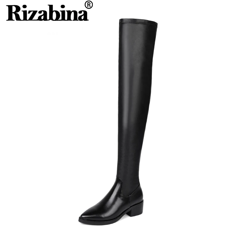 RIZABINA Real Leather Over The Knee Boots Women Pointed Toe Zipper
Thick Heel Shoes Winter Warm Thigh High Boots Size 32-43