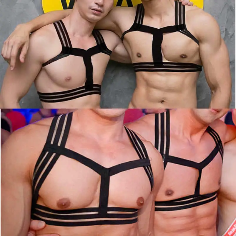 

Men Body Chest Harness Hollow Out Male Elastic Shoulder Harness Strap Stage Costume Gay Black Clubwear Bondage Tops