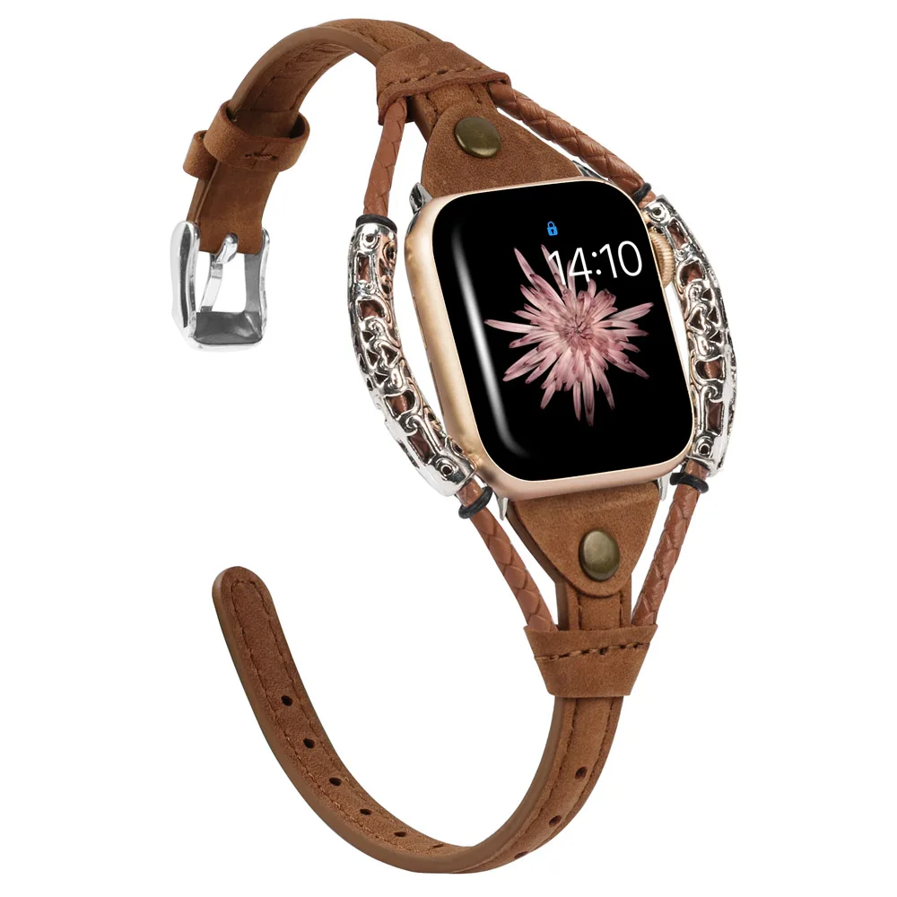 DBrown Кожаный ремешок для Apple Watch Band 38 мм 42 мм для женщин ручной работы твист полоса винтажные заклепки с металлическим веревочным ремешком iwatch Series 4 3 2 - Цвет ремешка: DBrown
