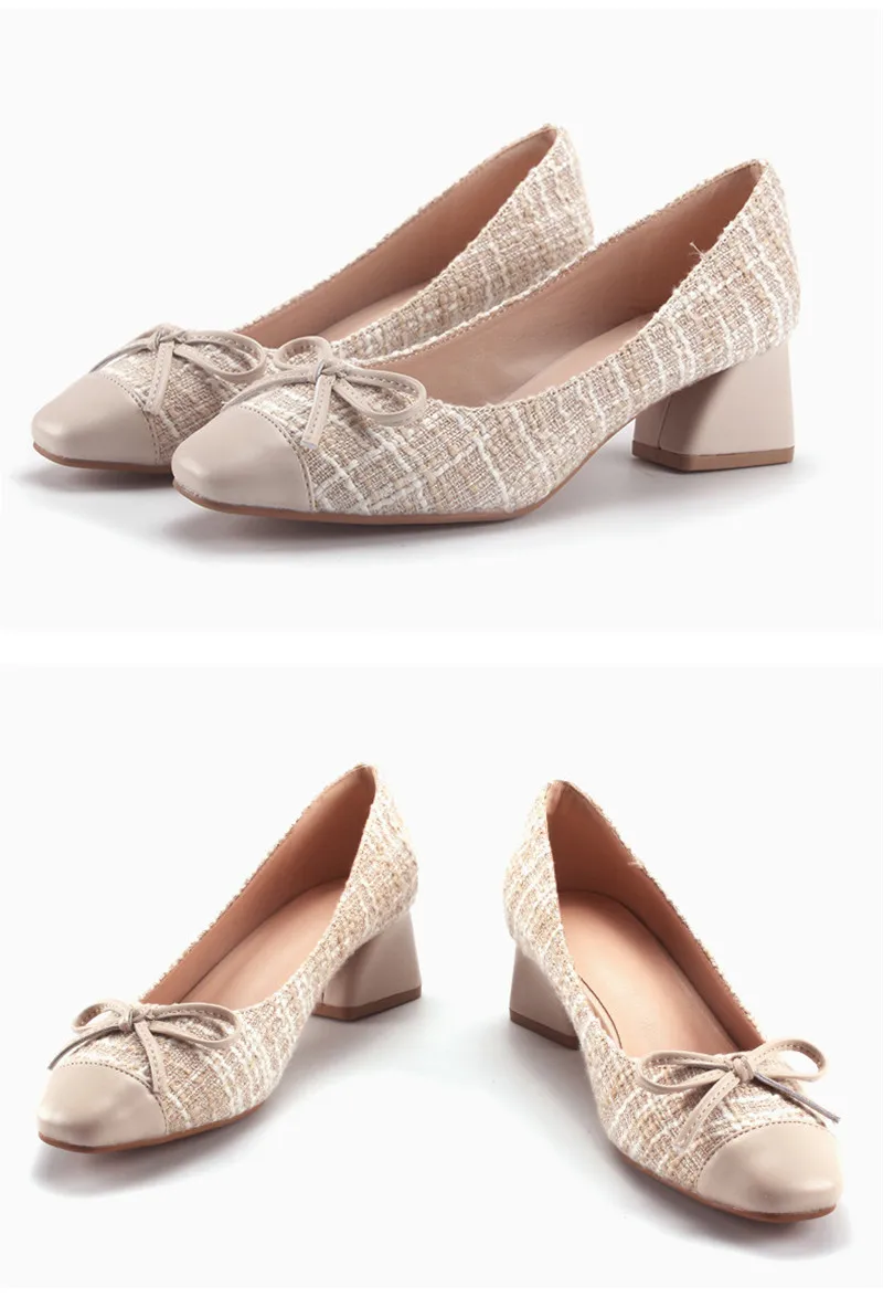 Korean Plaid Single High Heels Pumps Shoes Woman 2020 New Square Toe Thick Heels Women Pumps Fashion Bow High Heel Women's Shoes (8)