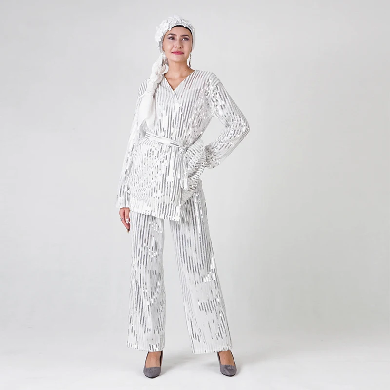 Комплект из двух предметов с блестками для женщин; Roupas Feminina abaya; Дубай; мусульманский топ; ансамбль; Femme Musulmane; комплект из 2 предметов; Pantalon; комплект из двух предметов