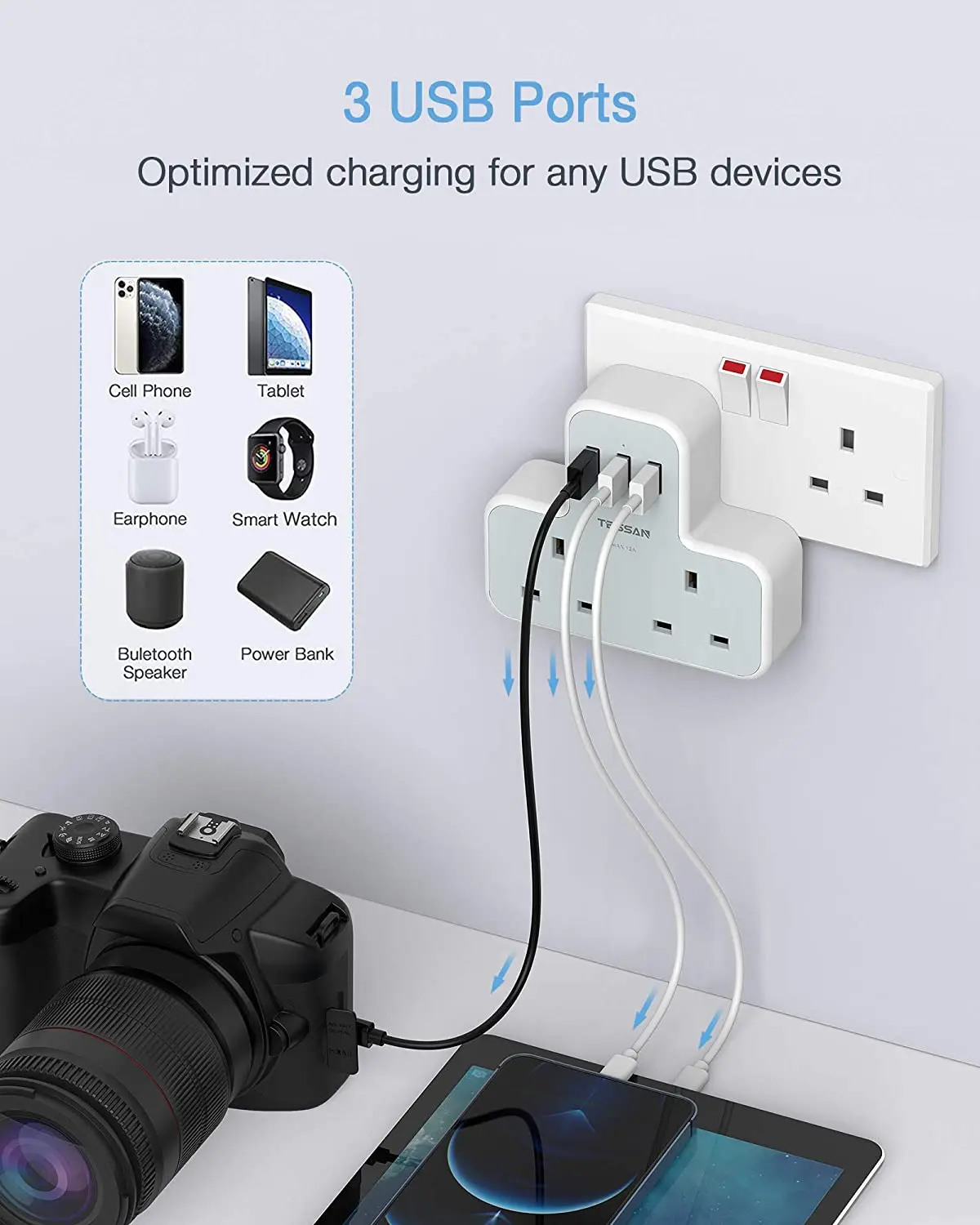 TESSAN – adaptateur de prise britannique avec USB, Extension de