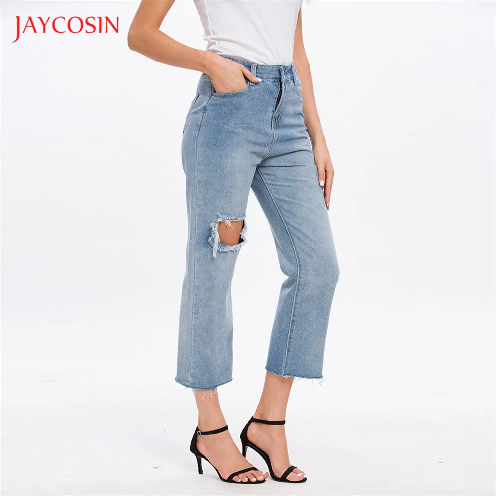 Jaycosin новые женские брюки с высокой талией Прямые джинсы женские хлопковые джинсы с дырками Длина по щиколотку ковбойские джинсовые свободные штаны