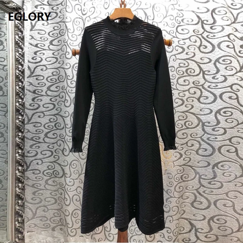 #Special Offers High Quality Knitted Dress 2019 Autumn Casual Long Sweater Dress Women Striped Pattern Long Sleeve Black Jumper Dress Pullover