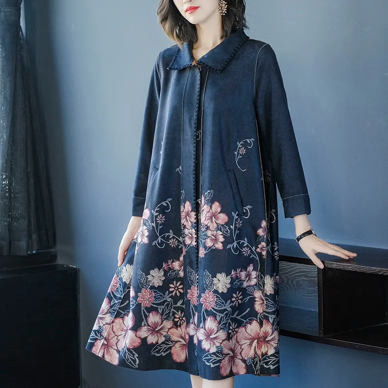 Fashion Middle-aged Women Dress Printed Trench Coat Middle-aged WOMEN'S Dress Autumn Clothing Middle-aged Elegant Nobility Suede