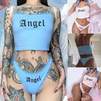 

New Arrival Summer Sexy Sleeveless Angle Print Blue/Pink Two Piece Women Set Sexy Crop Top Sleep Wear Women's Pajamas Set