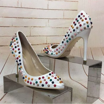 

33~42 Big Size 8/10/12cm Stiletto Heels Rivets Pointed Toe Shoes Red Pink Black Studded Wedding Shoes Full Spikes Dress Pumps