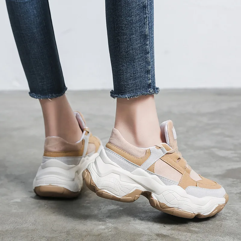 autumn casual shoes woman lace up round toe vulcanize shoes platform sneakers student 5cm bottom comfortable flats