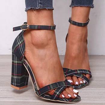 

Women Sandals Plus Size Pumps Shoes Fashion New Plaid Buckle Strap Super High (8cm-up) Casual Ladies Sexy Female Sandals 35-43