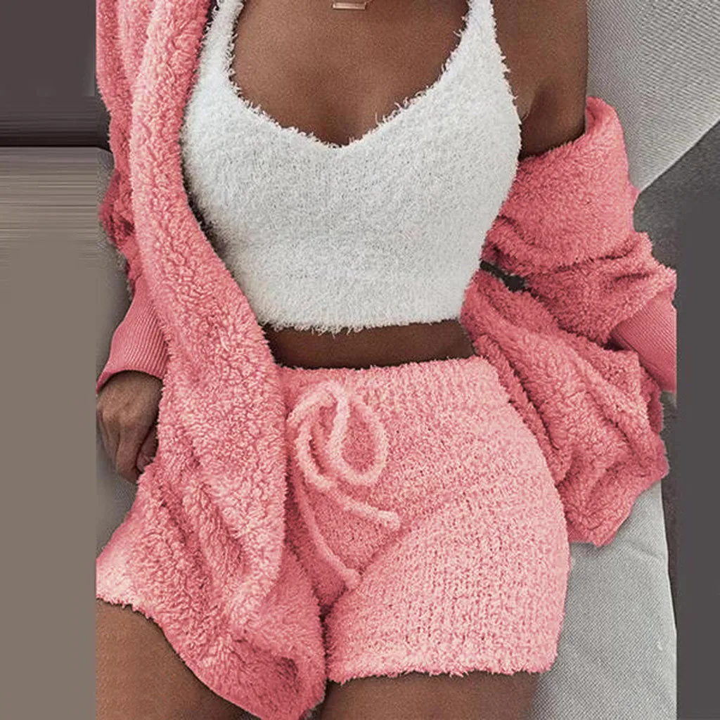 Fuzzy Beige Sexy Two Piece Set Club Birthday Outfits for Women Sweater and Short Pants Matching Sets Fall 2 Pieces 10.15 - Цвет: PK