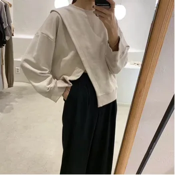 

2020 New Fashion Spring Solid Round Collar Irregular Split Pullovers Women Loose Casual Sweatshirt Tide FT883