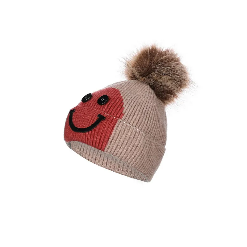 

H7521 Children Knitted Beanie Cap Winter Boys Girls Korean Plus Velvet Warm Wool Skullies Hat Hairball Smiling Face Baby Caps