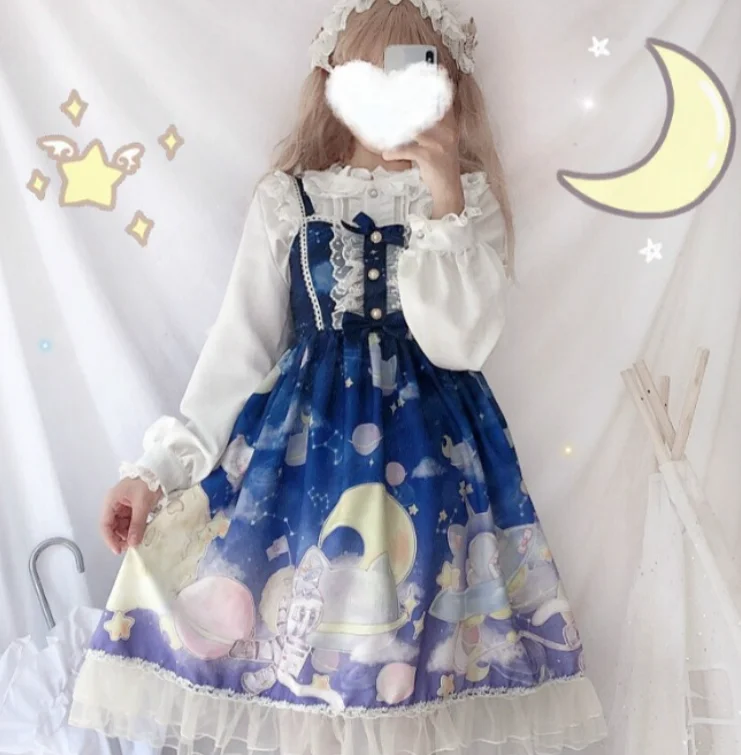 jsk Лолита jsk принцесса лоли печати kawaii платье для девочек градиент Лолита езды Высокая талия бант кружева рюшами Готический Винтаж сладкий лоли - Цвет: jsk