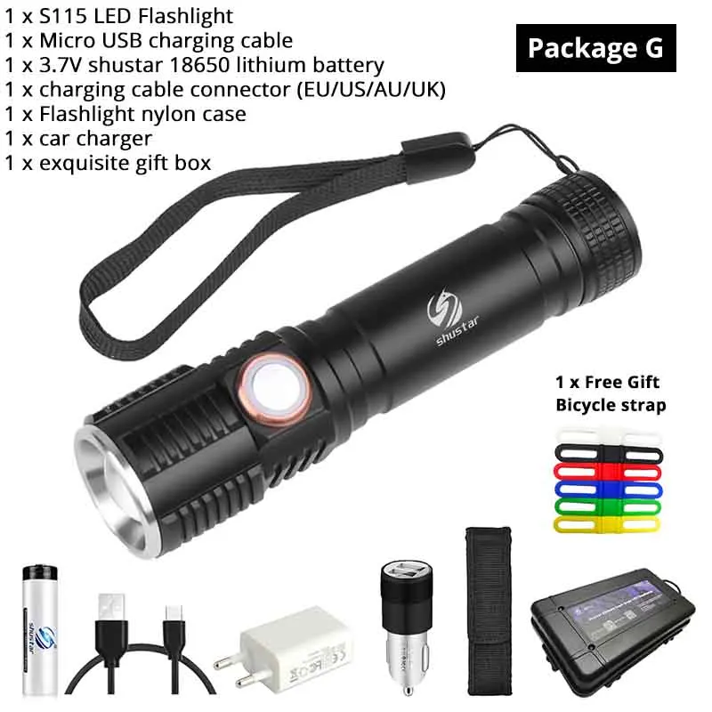 Package G Супер яркий XP-L V6 светодиодный фонарик с сенсорной кнопкой водонепроницаемый фонарь 3 режима освещения телескопический зум кемпинг свет S115 - Испускаемый цвет: Package G