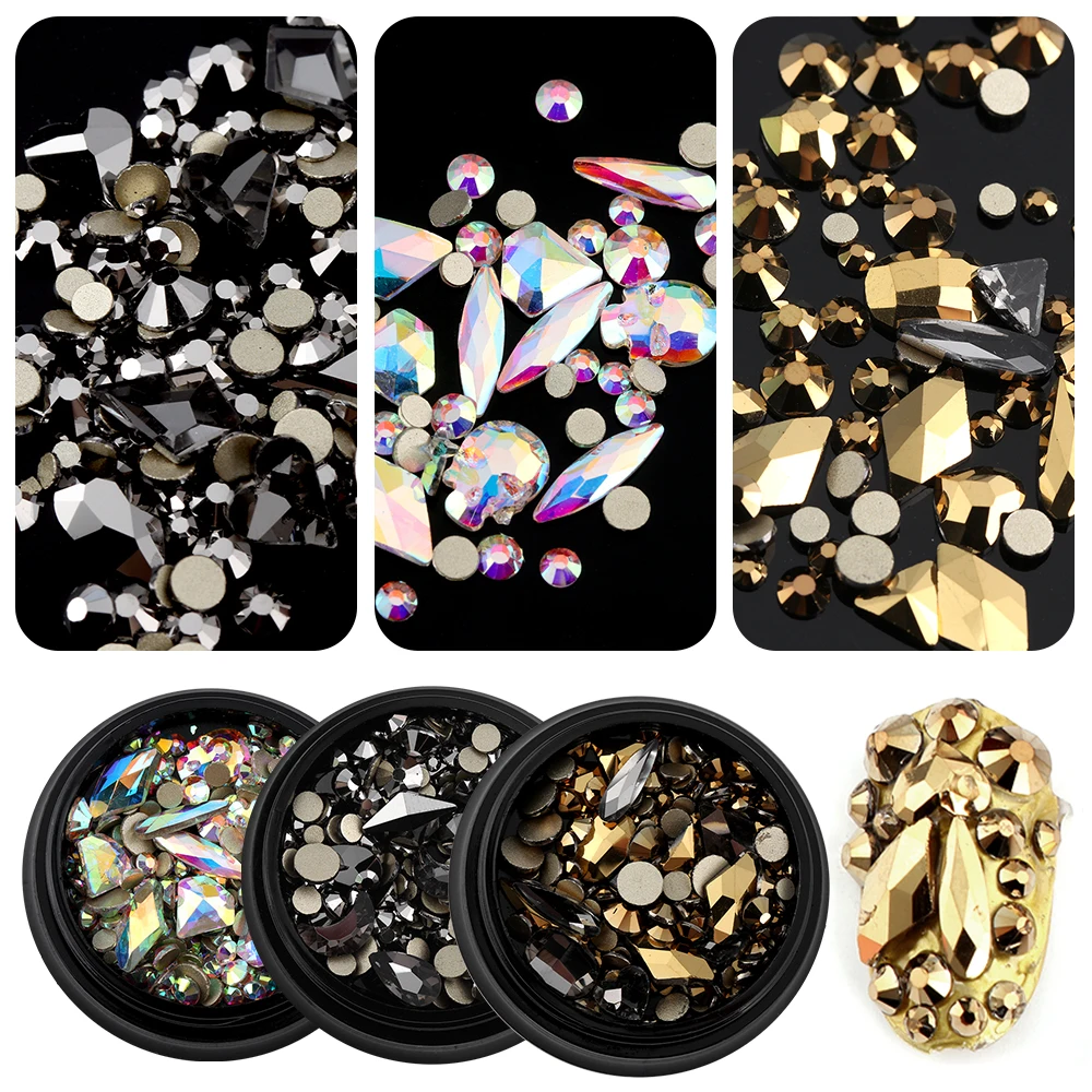 

1 Box Mixed 3D Rhinestone Crystal Gems Jewelry Gold AB Flatback Glass Shiny Stones DIY Manicure Nail Art Decorations Accessories