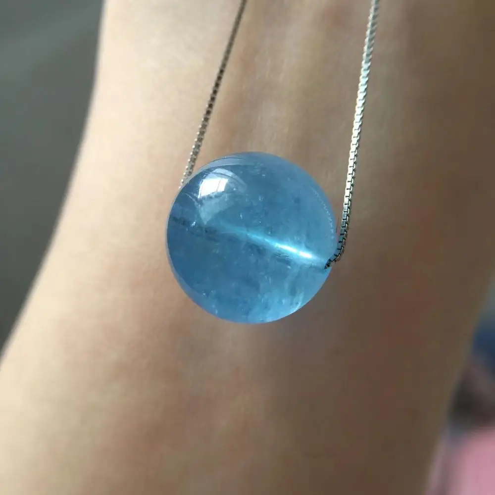 

16mm Natural Ice Blue Aquamarine Heart Pendant Women Man Love Round Bead Clear Stone Fashion Necklace AAAAA