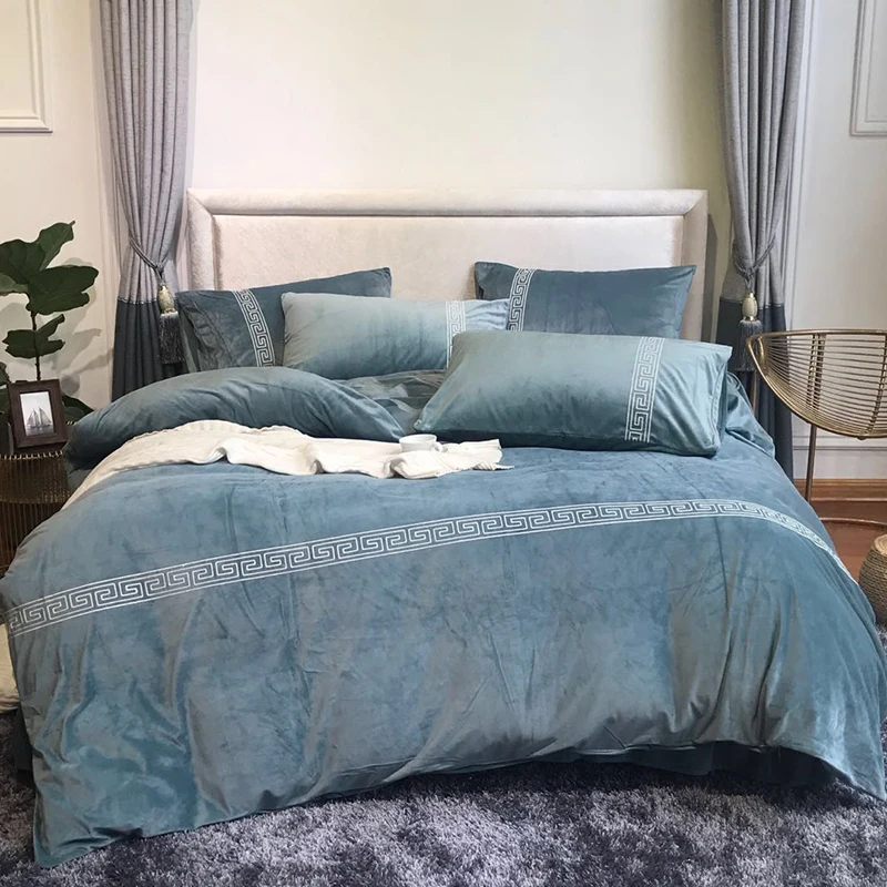 Флисовый бархатный серый коричневый пододеяльник простыня и подушка shams тяжелый теплый queen King size 4 шт. шикарные комплекты постельного белья с вышивкой
