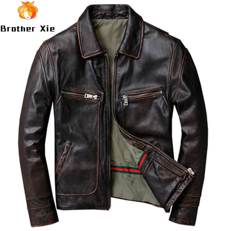

2020 2020 Men's Vintage Genuine Leather Jacket Brown Genuine Cowhide Jackets Casual Business Slim fit Leather Coat for Male