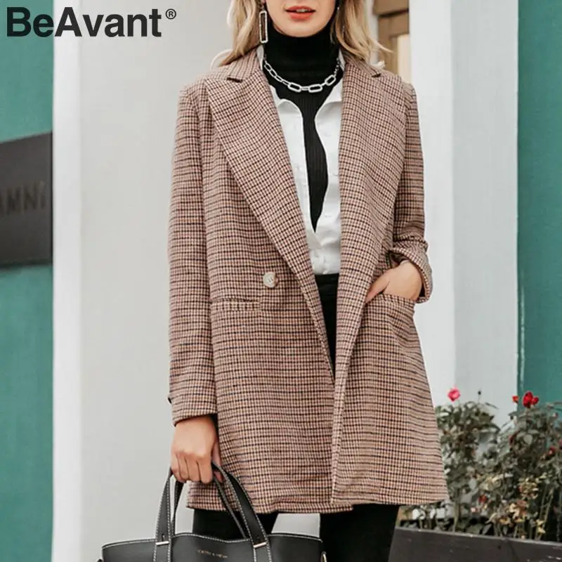 BeAvant, винтажные клетчатые блейзеры, женские, с длинным рукавом, на пуговицах, с карманами, Женский блейзер, пальто, элегантные, офисные, женские, Осенние, зимние куртки