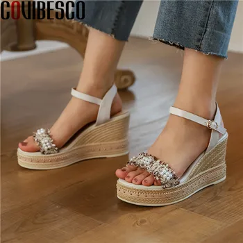 

COVIBESCO Sweet Pearl Decoration Wedged High Heels Women Sandals 2020 Summer New Open-Toed Pumps Quality Wedding Shoes Woman