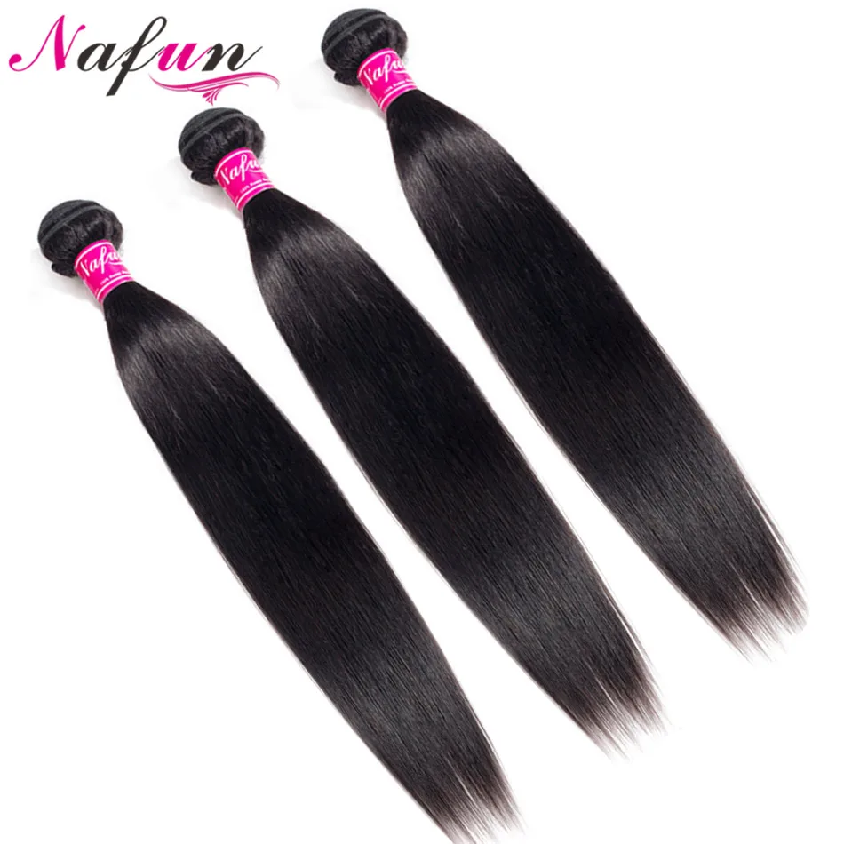 Nafun Straight Hair Bundles With Lace Frontal Human Hair Bundles With Frontal Peruvian Non-Remy Hair Extensions Middle Ratio