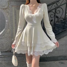 

Sweet Lolita Dress Women Chic V-Neck Knitted Patchwork Lace Ruffles Long Sleeve Princess Mini Dress Sexy Gothic Slim Party Dress