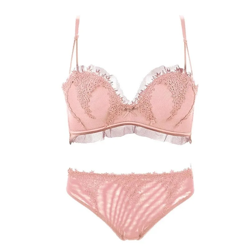 Розовый floral wireless sexy bras lace lightly lined triangle bra set underwear women lingerie deep plunge V neck new arrival - Цвет: Розовый