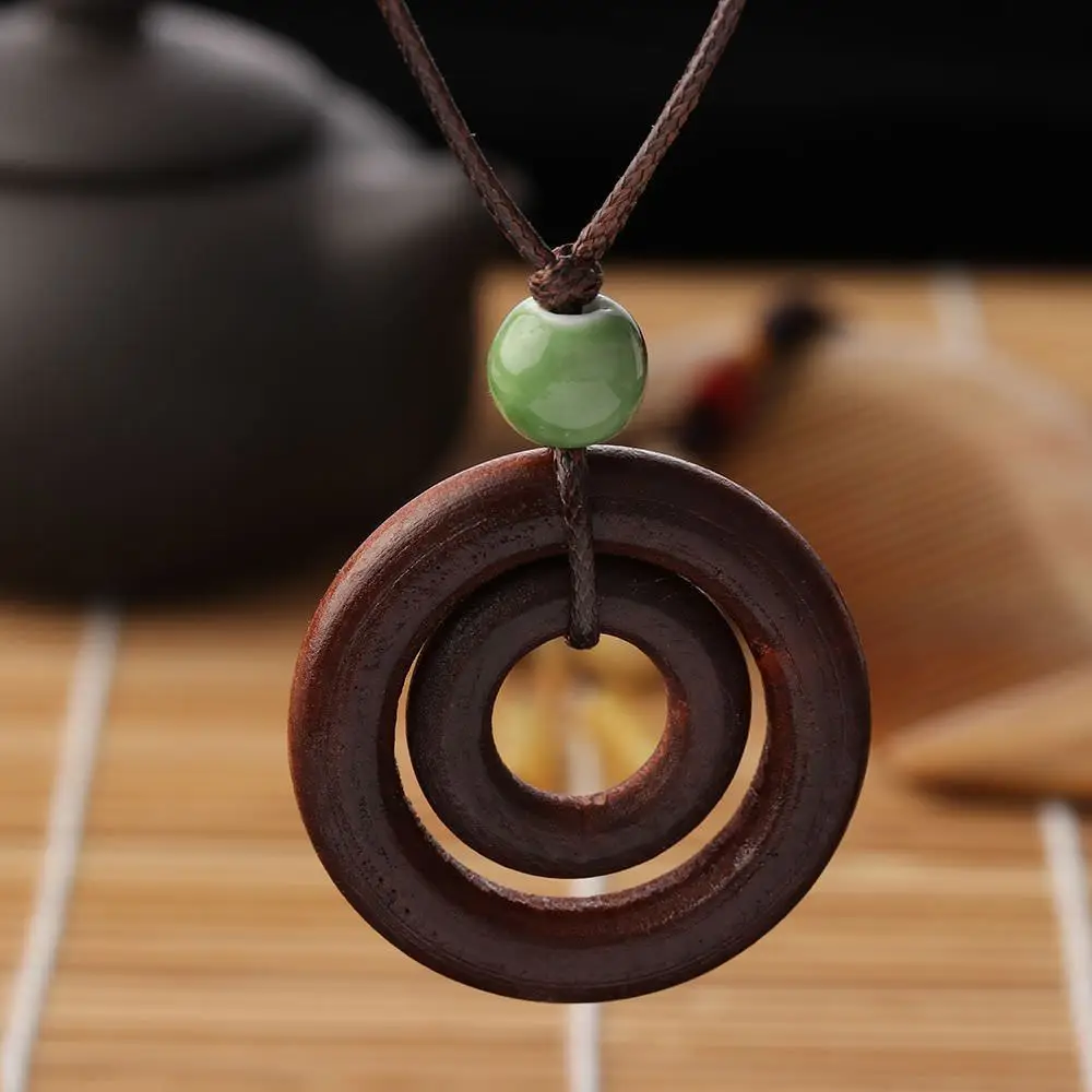 

Vintage Bead Brown Long Wood Necklace Rope Chain Double-circle Handmade Jewelry Wearing Buckle Ceramic Bead Necklace
