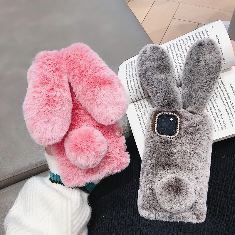 Чехол для телефона с кроличьим мехом iPhone 11 Pro Max XS XR X 7 Plus 8 6 6S 5 12 мини плюшевый