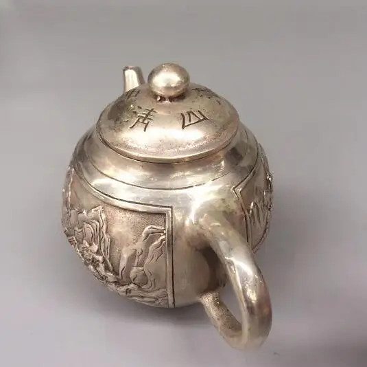 Коллекция тибетский серебряный резной пейзаж живопись чайник винный горшок фэн-шуй украшения Лаки ремесла