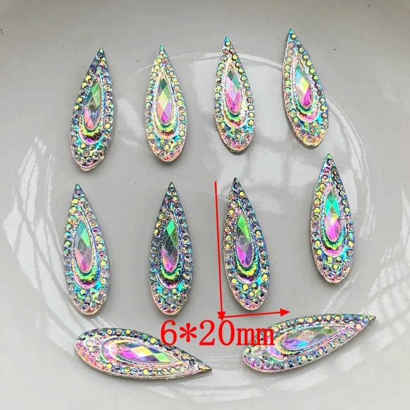 Shiny AB Resin Rhinestones Resin Rhinestones And Pearls Resin Craft Decoration 6*20mm/8X22mm/10X20mm Peacock eye Teardrop Flat back rhinestone scrapbook DIY Wedding applique ornament
