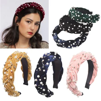 

New Fashion Gold Velvet Twist Quilt Headband Handmade Cross Wide-band Pearl Plait Hair Accessory Wild Lady Jewelry
