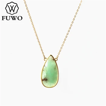 

FUWO Carved Labradorite Drop-shaped Necklace with Gold Trimmed Raw Amazonite Chrysoprase Rose Stone Jewelry For Women NC256