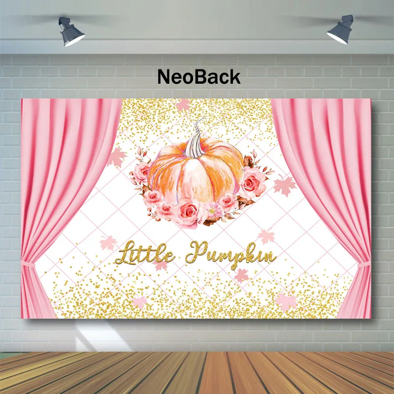 Mocsicka Pink Curtain Little Pumpkin Backdrop Gold Dots Baby Shower Photography Backdrops Dessert Table Decor Photo Background |