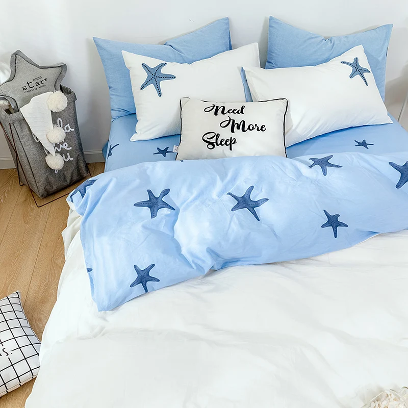 Washed Cotton Brief Style 4pcs Embroidery Cotton Duvet Cover Pillowcase Bed Sheet 4 Pieces Soft Home Bedding Set Blue Stars