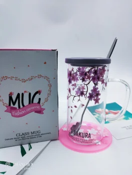 

OUSSIRRO Creative Sakura Glass Heat Resistant Mug With Lid With Spoon Milk Coffee Tea Cup Couples Wedding Lover Gifts