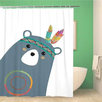 

Bathroom Shower Curtain Animal Tribal Blue Bear for Baby Room Child Comic 72x78 inches Waterproof Bath Curtain Set with Hooks