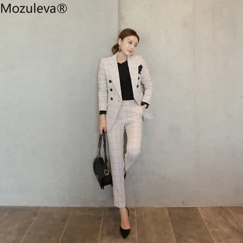 

Mozuleva Office Ladies 2 Two Pieces Sets Plaid Single Button Jacket Blazer + Slim Pant Suits Work Wear Fashion Outfits Feminina