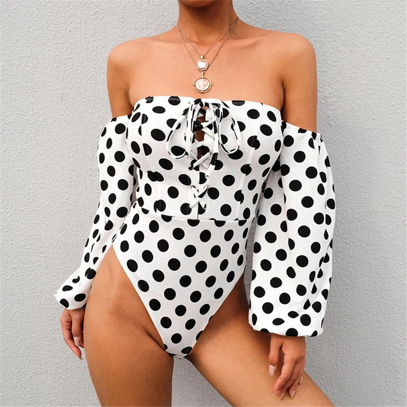 

Hot 2019Women Off Shoulder Jumpsuit Long Sleeve Bodysuit Stretch Leotard Tops Slim Fit Female Jumpsuit Polka Dot Printed Romper
