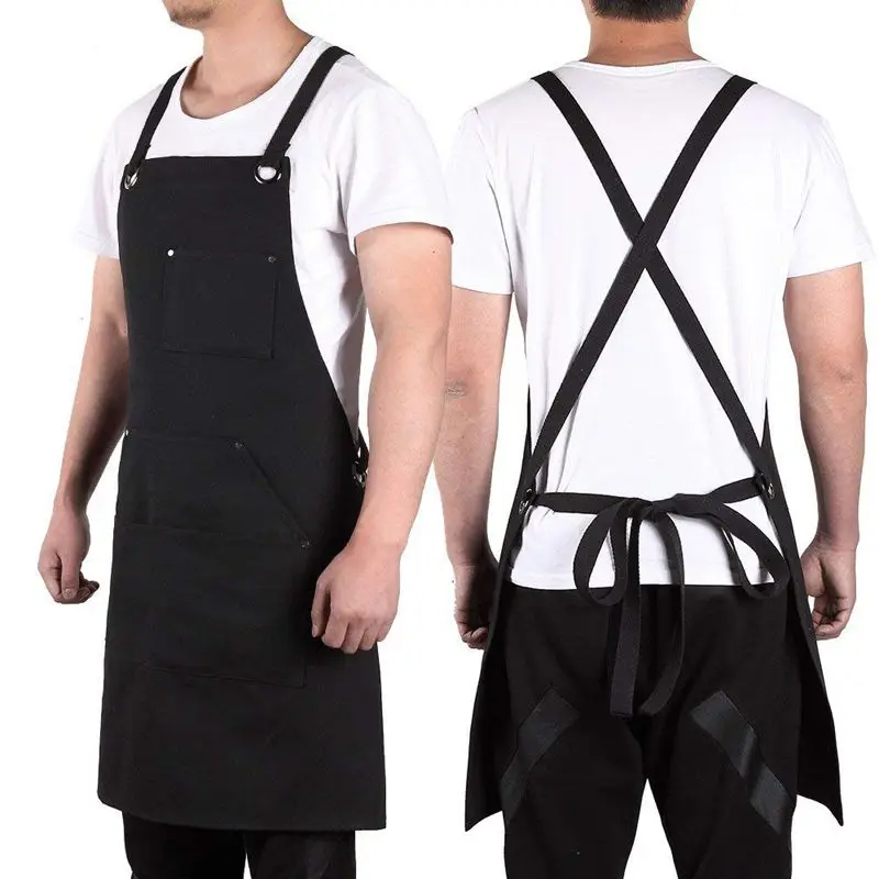 Canvas Work Apron with Tool Pockets Cross-Back Straps & Adjustable Apron Heavy Duty Apron With Pockets For Men and Women
