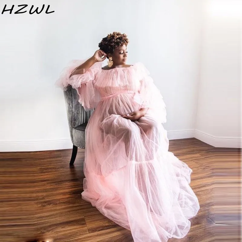 

See Through Blush Pink Prom Gowns Tulle Pregnant Dresses Photography Photo shoot Wear Plus Size vestido Sheer Party Dress