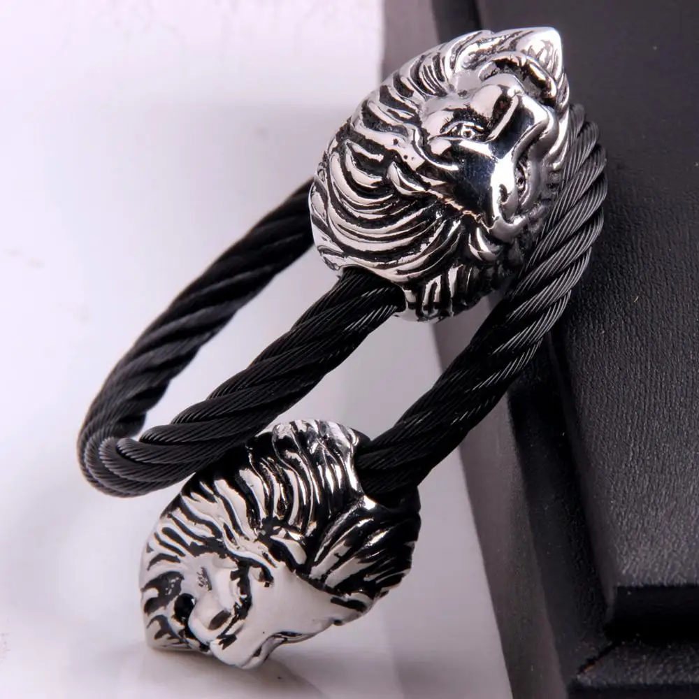 Титана двойная голова льва из серебра браслет манжета для мужчин s Черный проволока из нержавеющей стали Twrised браслеты мужские ювелирные изделия pulseira