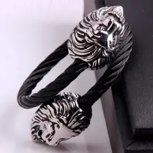 Титана двойная голова льва из серебра браслет манжета для мужчин s Черный проволока из нержавеющей стали Twrised браслеты мужские ювелирные изделия pulseira