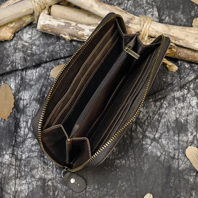carteira de couro de cavalo carteira longa com zíper nas extremidades do couro carteira com bolso para bolsos entre camadas