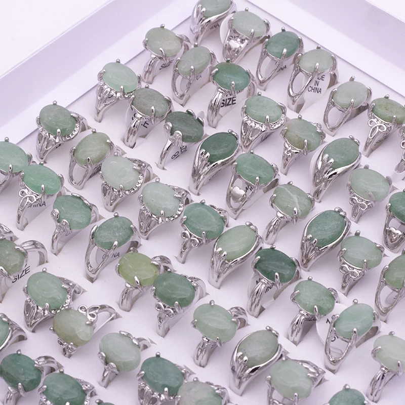 25PCS Random Natural Stone Finger Rings For Women Oval Shape Real Light Green Stone Rings Party Wedding Mom Gift Accessory