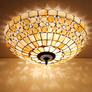 

20inch European Style Tiffany Ceiling Light Shell Handmade Led Round Personalized Lighting Natural Glass Dome Light Bed Room E27