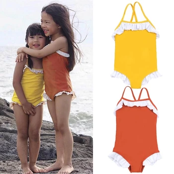 

1-8Y Kids Baby Girls Swimsuit One-Piece Swimwear Solid Harness Ruffle Bathing Bikini Swimming Suit New Children Girl Beachwear