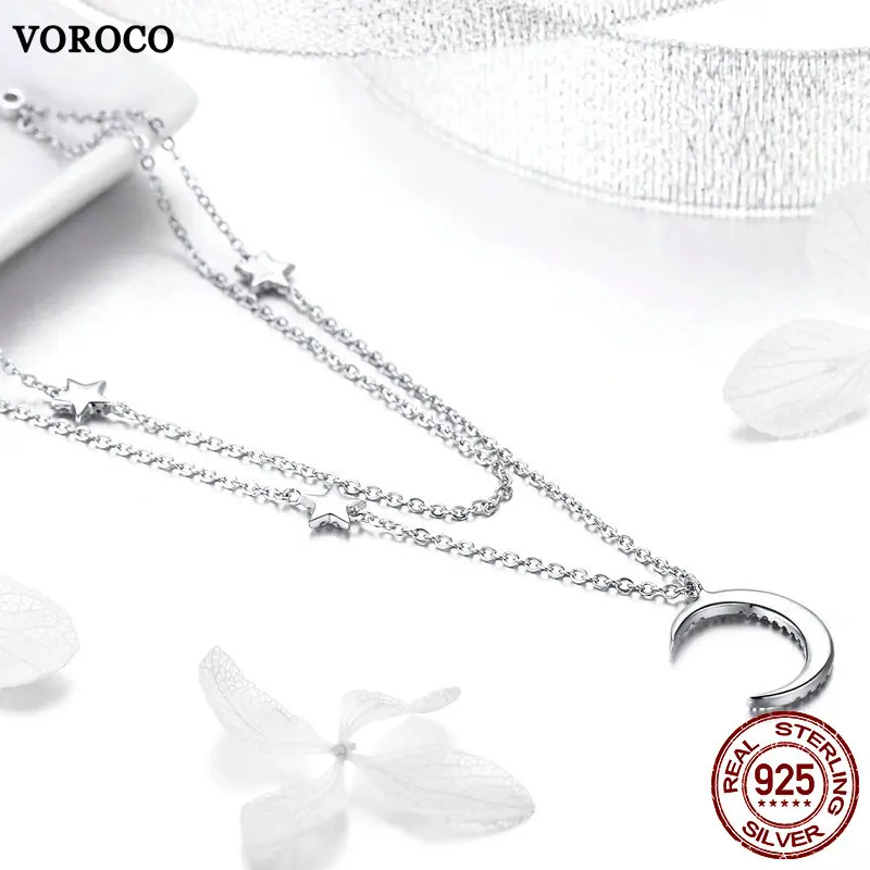 VOROCO,, настоящее 925 пробы, серебряные ожерелья с кулонами в виде Луны для женщин, длинная цепочка, свадебное модное Оригинальное ювелирное изделие BNN038
