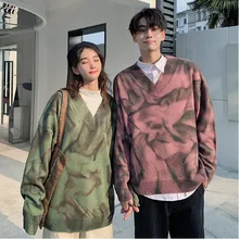 Autumn New Hole Sweater Men Fashion Printing Casual Sweaters V-neck Knit Sweter Man Loose Long-sleeved Pullover Men Clothes