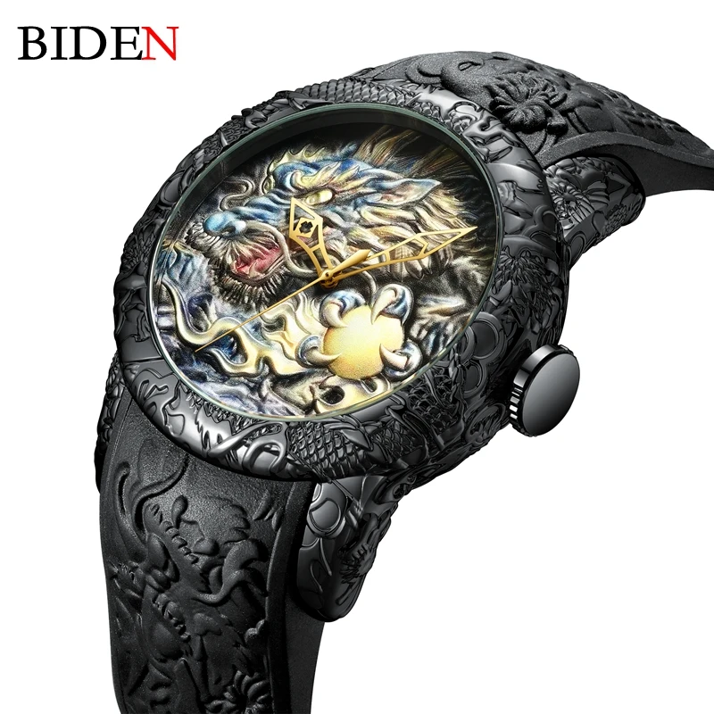 

Fashion BIDEN Mens Watches Dragon Design Quartz Watch Silicone Strap Waterproof Sport Wristwatch Male Clock Relogio Masculino